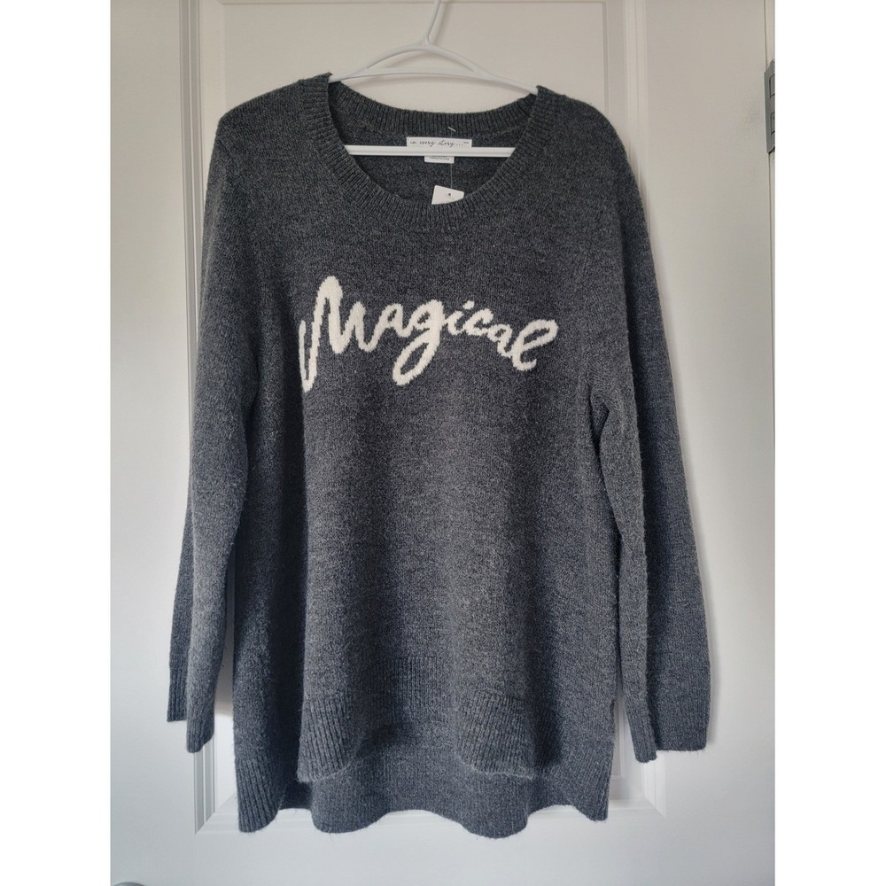 in every story...Woven Heart‎ Elbow Crewneck Sweater - Gray "Magical" Script